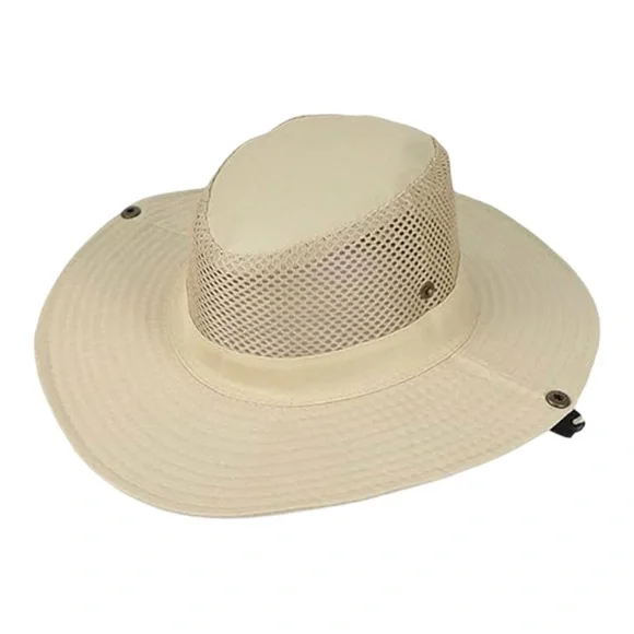 Beige Wide-Brim Outdoor Hat – Mesh Ventilation & Chin Strap - Picture 10 of 10